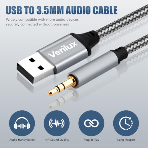 Verilux® USB A to 3.5 mm Aux Cable, 2M/6.6FT 3.5 mm TRS Audio Cord Jack to UBS A Nylon Braided Stereo AUX Cable for Speakers, Car Stereo, Headphones, Laptop, PS5/PS4, Windows & More - Image 2