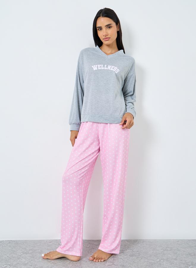 Styli V Neck Wellness Slogan Print T-Shirt and Star Pyajama Set - Image 1