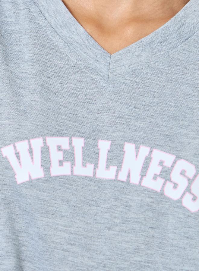 Styli V Neck Wellness Slogan Print T-Shirt and Star Pyajama Set - Image 3
