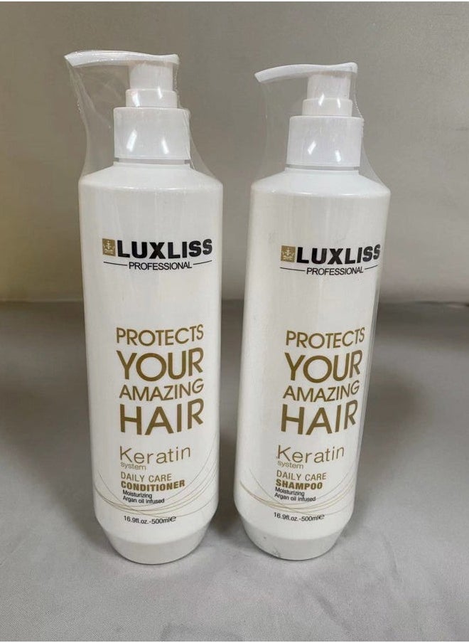 Luxliss Keratin Daily Care Shampoo and Conditioner Set, 2 Pack (16 Fl Oz each), Moisturizing, Anti-frizz, Repairing, for Chemically Treated Hair, Argan Oil  - Image 2