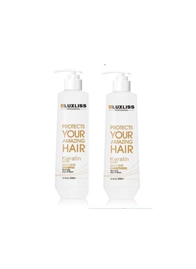 Luxliss Keratin Daily Care Shampoo and Conditioner Set, 2 Pack (16 Fl Oz each), Moisturizing, Anti-frizz, Repairing, for Chemically Treated Hair, Argan Oil  - Image 1
