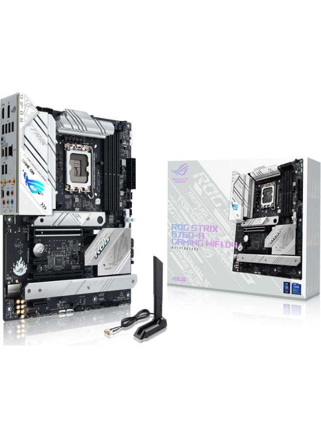 Asus ROG Strix B760-A Gaming WiFi D4 Intel B760 (13th and 12th Gen) LGA1700 white ATXmotherboard, 12+1 power stages, DDR4, PCIe 5.0, three M.2slots, WiFi 6E, USB 3.2 Gen 2x2 Type-C, and Aura Sync RGB - Image 1