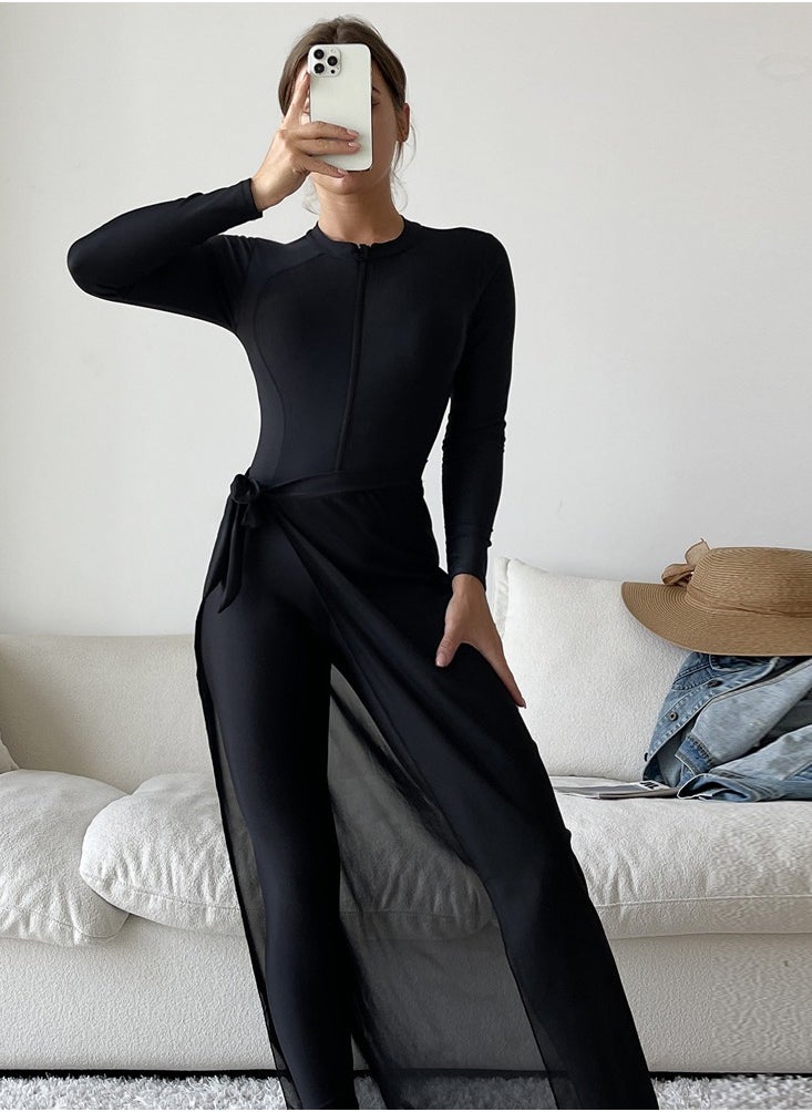Al Aoyama Women's One Piece Zip Front Rash Guard Swimsuit Built in Bra Swimwear Long Sleeve Long Leg Swimwear with UV Sun Protection  - Image 4