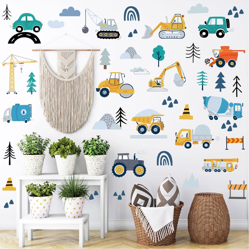 AOWDIAO Construction Vehicle Wall Decals â€“ 90Pcs Reusable Peel and Stick Vinyl Stickers for Kidsâ€™ Room, Nursery & Playroom â€“ Removable Truck Decoration for Boys & Toddlers - Image 1