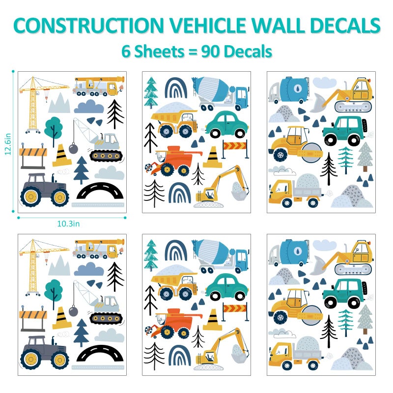 AOWDIAO Construction Vehicle Wall Decals â€“ 90Pcs Reusable Peel and Stick Vinyl Stickers for Kidsâ€™ Room, Nursery & Playroom â€“ Removable Truck Decoration for Boys & Toddlers - Image 2