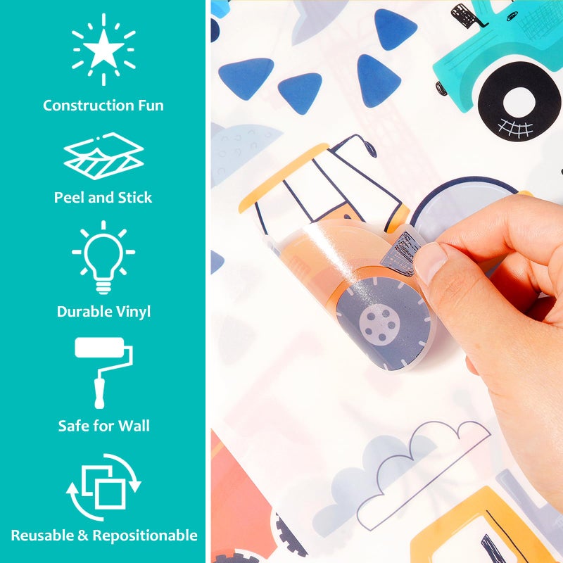 AOWDIAO Construction Vehicle Wall Decals â€“ 90Pcs Reusable Peel and Stick Vinyl Stickers for Kidsâ€™ Room, Nursery & Playroom â€“ Removable Truck Decoration for Boys & Toddlers - Image 3