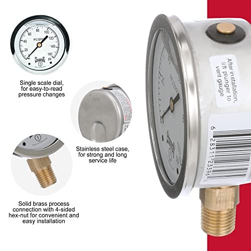Winters Instruments Winters 2-1/2" Dial Size, Liquid Filled Industrial Pressure Gauge, Brass Internals, 304 Stainless Steel Case, Single Scale 0-160 psi, 1.5% Acc, 1/4" NPT Bottom Mount, Glycerin Filled Pressure Gauge - Image 5