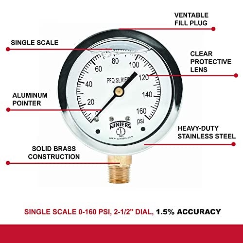 Winters Instruments Winters 2-1/2" Dial Size, Liquid Filled Industrial Pressure Gauge, Brass Internals, 304 Stainless Steel Case, Single Scale 0-160 psi, 1.5% Acc, 1/4" NPT Bottom Mount, Glycerin Filled Pressure Gauge - Image 4
