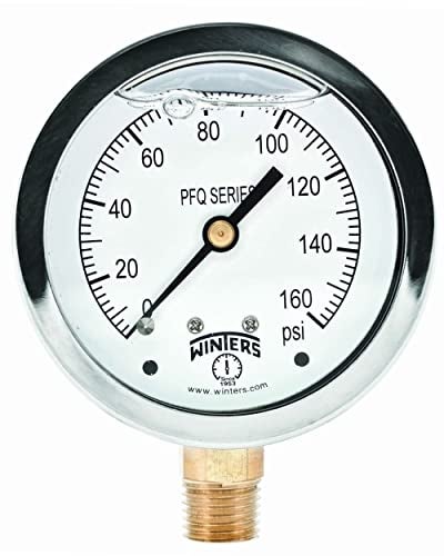 Winters Instruments Winters 2-1/2" Dial Size, Liquid Filled Industrial Pressure Gauge, Brass Internals, 304 Stainless Steel Case, Single Scale 0-160 psi, 1.5% Acc, 1/4" NPT Bottom Mount, Glycerin Filled Pressure Gauge - Image 2