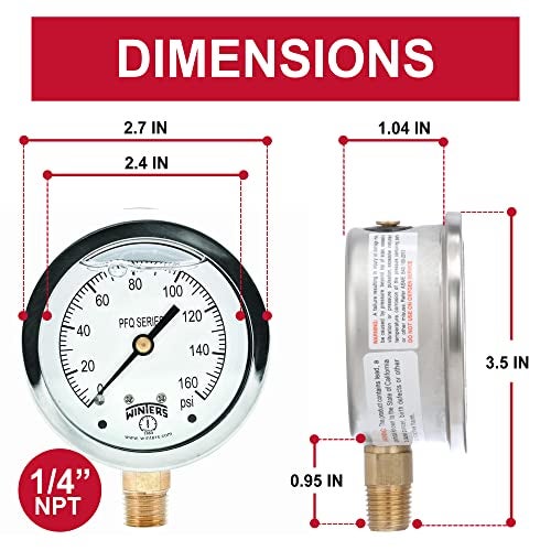 Winters Instruments Winters 2-1/2" Dial Size, Liquid Filled Industrial Pressure Gauge, Brass Internals, 304 Stainless Steel Case, Single Scale 0-160 psi, 1.5% Acc, 1/4" NPT Bottom Mount, Glycerin Filled Pressure Gauge - Image 3