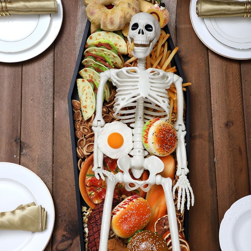 Seeloowy 32'' Extra Large Halloween Coffin Charcuterie Board with 36" Skeleton Wooden Coffin Serving Tray Board 3 ft Skeleton Spooky Gothic Home Decor for Halloween Party Gothic Accessories - Image 2