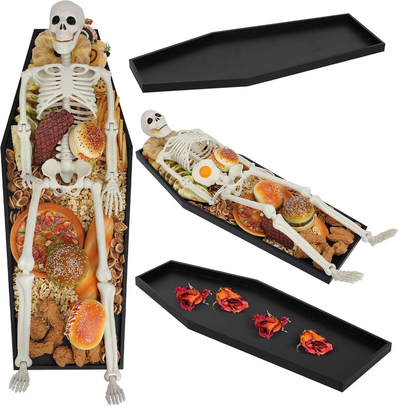 Seeloowy 32'' Extra Large Halloween Coffin Charcuterie Board with 36" Skeleton Wooden Coffin Serving Tray Board 3 ft Skeleton Spooky Gothic Home Decor for Halloween Party Gothic Accessories - Image 1