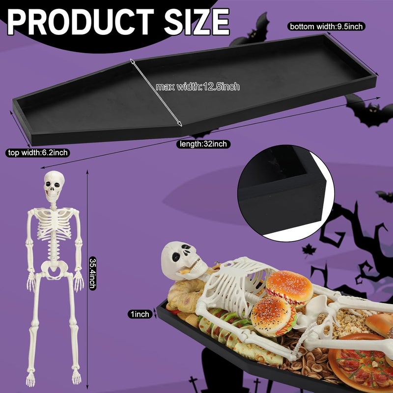 Seeloowy 32'' Extra Large Halloween Coffin Charcuterie Board with 36" Skeleton Wooden Coffin Serving Tray Board 3 ft Skeleton Spooky Gothic Home Decor for Halloween Party Gothic Accessories - Image 3