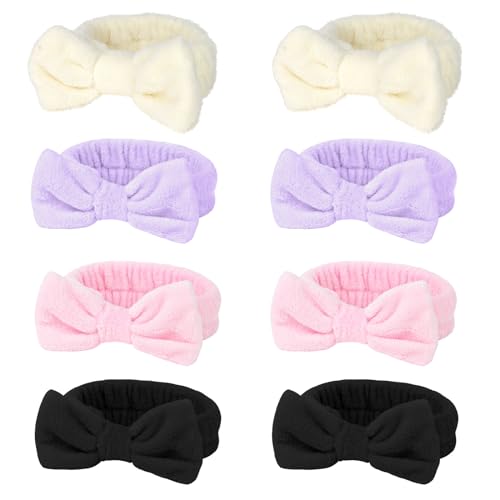AMCAMI Spa Headband for Washing Face, Makeup Headband Coral Fleece Non-Slip Hairlace for Women Fluffy Shower Hairbands Elastic Headwraps, Bow Hair Band 8PCS - Image 1