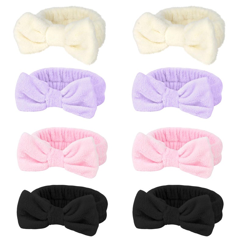 AMCAMI Spa Headband for Washing Face, Makeup Headband Coral Fleece Non-Slip Hairlace for Women Fluffy Shower Hairbands Elastic Headwraps, Bow Hair Band 8PCS - Image 4