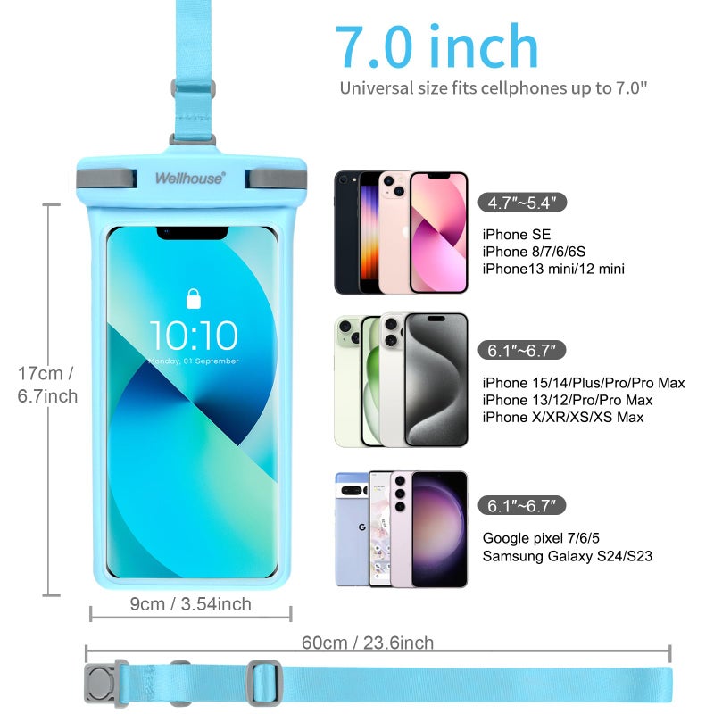 wellhouse Waterproof Phone Pouch, Waterproof Phone Case for iPhone 16 15 14 13 12 Pro Max XS Samsung, IPX8 3D Cellphone Dry Bag Beach Essentials (1 Pack - Light Blue7.0, 7 inch) - Image 5