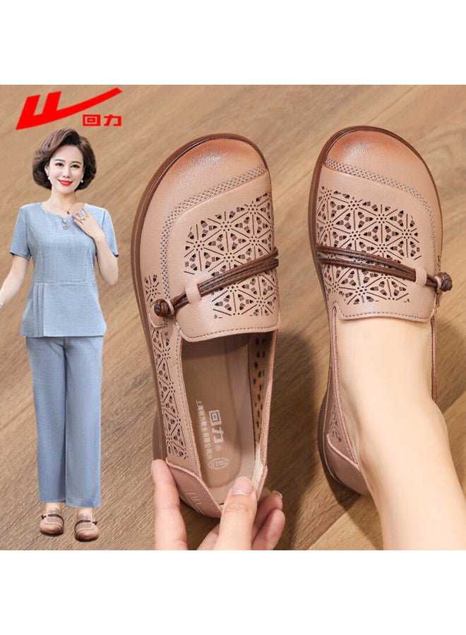 Pull Back Warrior Mom Shoes Middle-aged And Elderly Summer Single Shoes Soft Bottom Comfortable Non-tiring Women's Shoes Middle-aged Leather Shoes Sandals 0121 Bean Sand 36 - Image 1