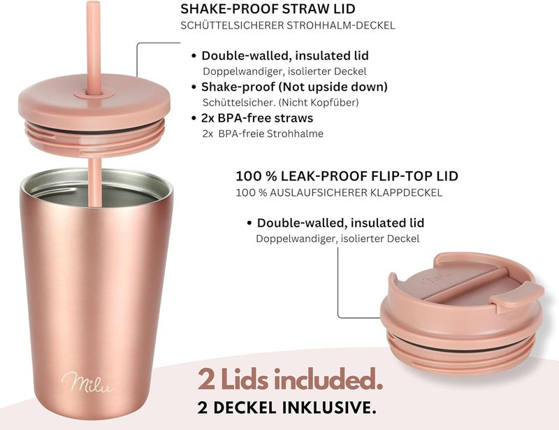 Milu Thermal Mug, 500 ml, 100% Leak-Proof, Stainless Steel Coffee Mug to Go, Insulated with Straw, Keeps Hot for 10 Hours/Cold for 20 Hours, BPA-Free (Rose Gold, 500 ml) - Image 2