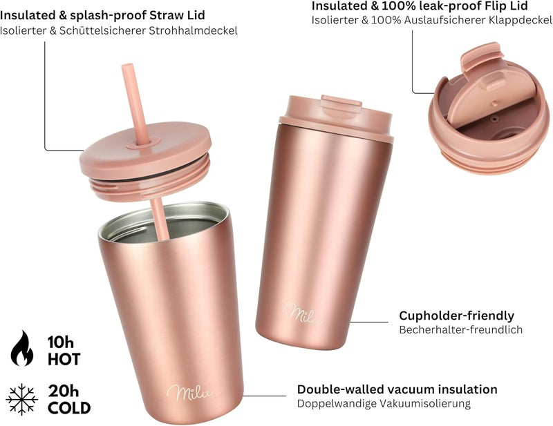 Milu Thermal Mug, 500 ml, 100% Leak-Proof, Stainless Steel Coffee Mug to Go, Insulated with Straw, Keeps Hot for 10 Hours/Cold for 20 Hours, BPA-Free (Rose Gold, 500 ml) - Image 4