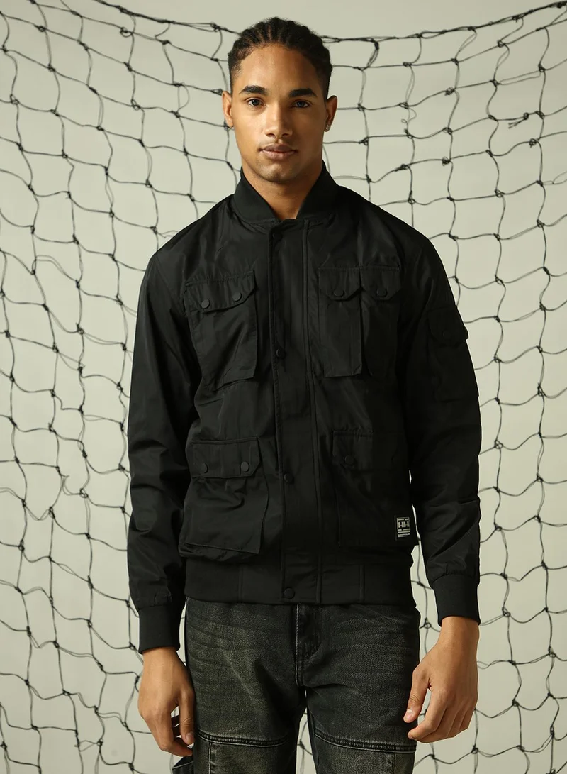 Hubberholme Men's Black 100% Polyester Solid Oversized Jacket