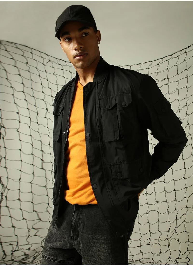 هوبرهولمي Men's Black 100% Polyester Solid Oversized Jacket
