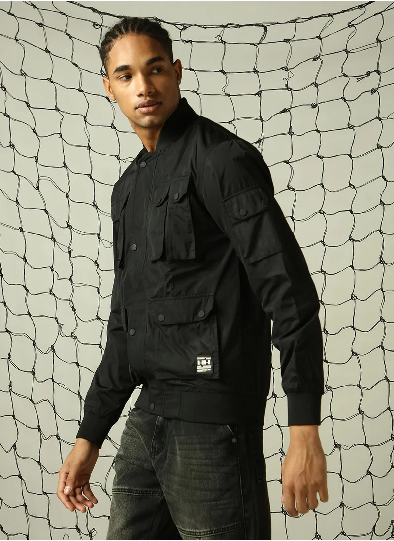 هوبرهولمي Men's Black 100% Polyester Solid Oversized Jacket