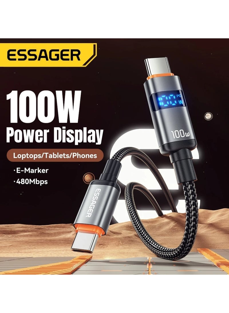 ESSAGER 100W USB-C to USB-C Fast Charging Cable 5A PD Type C Cable 1M with LED Display Braided Cable for MacBook, Samsung, Android Devices - Image 2