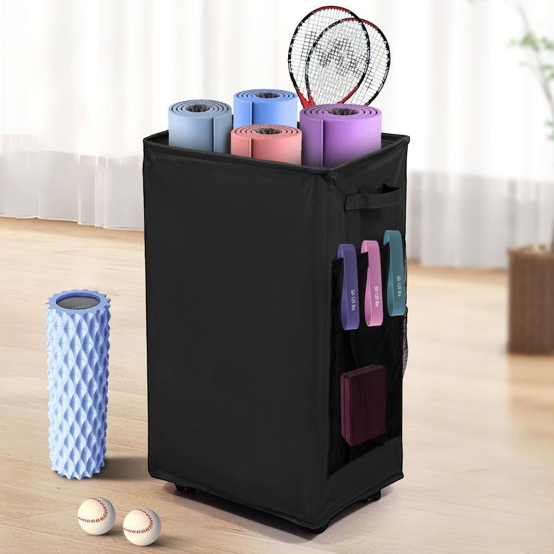 wymulot Yoga Mat Storage Racks, Home Gym Storage Rack with Wheels, Yoga Mat Holder Side 2 Mesh Pockets, Yoga Storage Basket Holds 4 Yoga Mats, 2 Foam Rollers, 6 Resistance Bands (Black) - Image 1