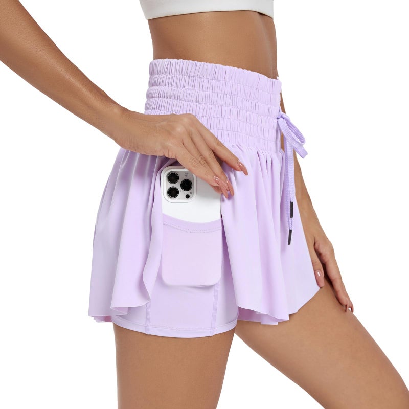 Blaosn Flowy Athletic Shorts for Women Workout Running Gym Yoga Sport Active High Waisted with Pockets Spandex Sweat Skort Pants Butterfly Tennis Skirt Cute Comfy Trendy Clothes Casual Summer Lavender XL - Image 4
