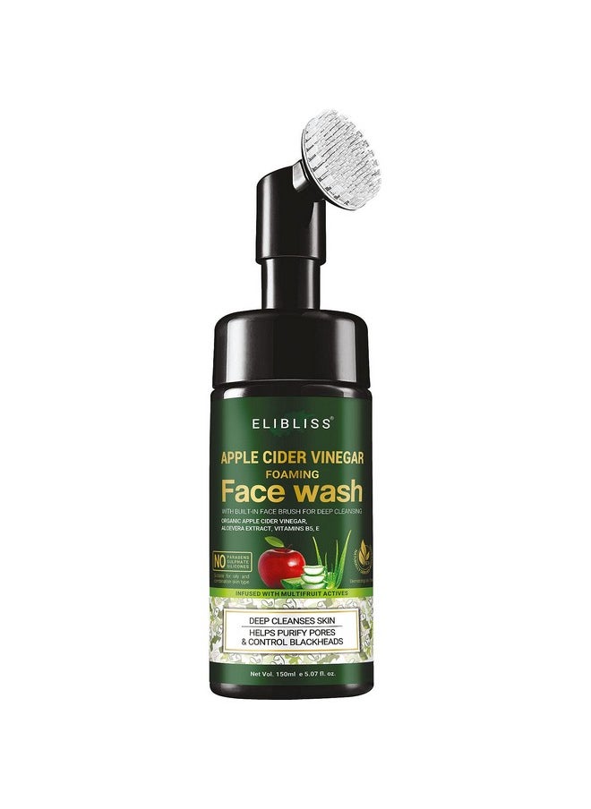 ELIBLISS Apple Cider Vinegar Foaming Face Wash With Apple Cider Vinegar & Aloe Vera Water With Brush For Deep Cleansing (150 Ml Pack Of 1)  - Image 1