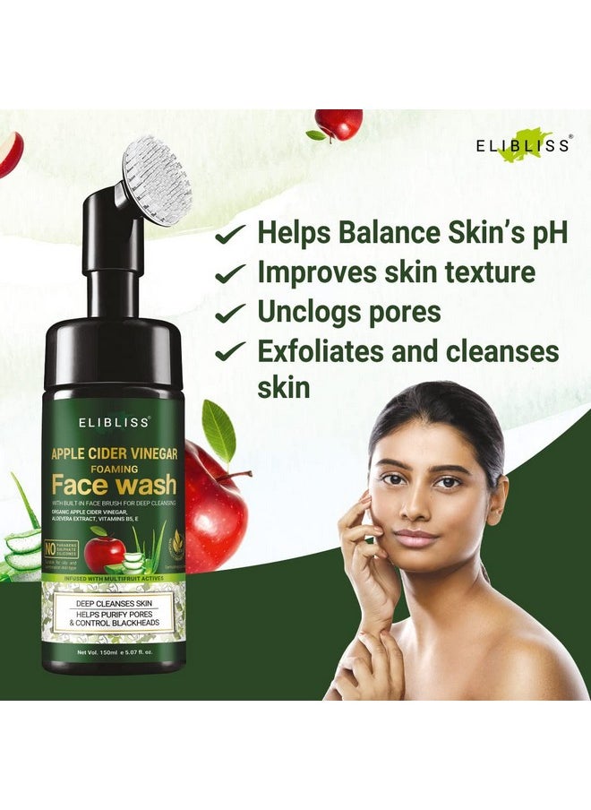ELIBLISS Apple Cider Vinegar Foaming Face Wash With Apple Cider Vinegar & Aloe Vera Water With Brush For Deep Cleansing (150 Ml Pack Of 1)  - Image 3