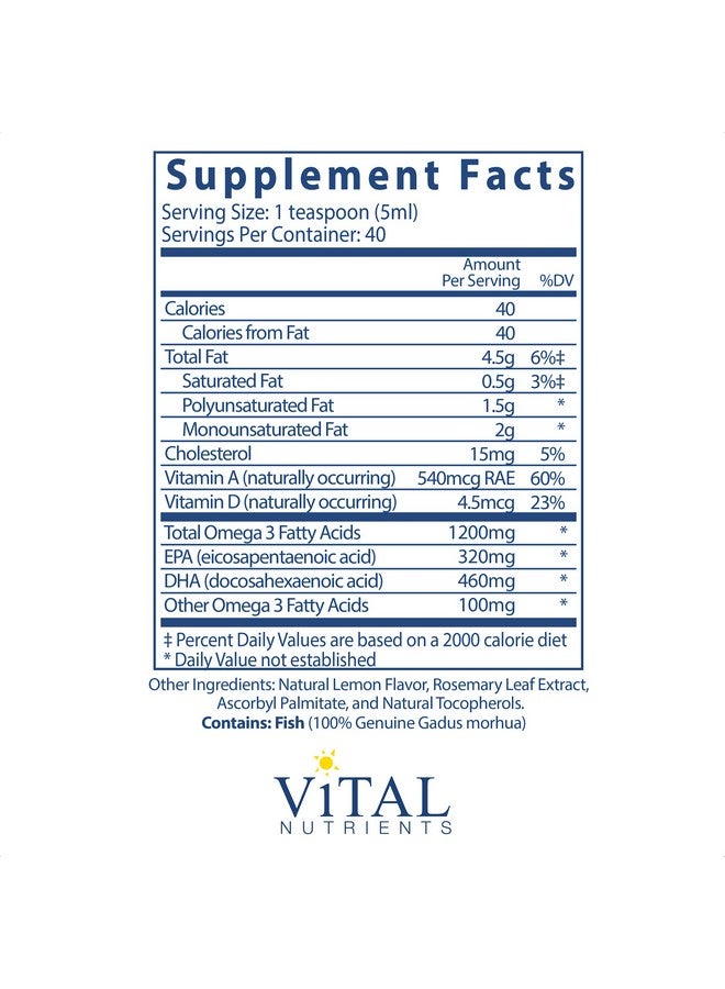 Vital Nutrients Ultra Pure Cod Liver Oil 1025 (Pharmaceutical Grade) 100% Pure Norwegian Cod Liver Oil 200 Ml Per Bottle - Image 3