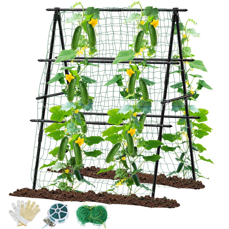 MQHUAYU Cucumber Trellis, 31''X47'' A-Frame Cucumber Trellis for Raised Bed with Climbing Net, Metal Garden Trellis for Climbing Plants for Cucumber,Tomato, Grapes and Flowers - Image 1