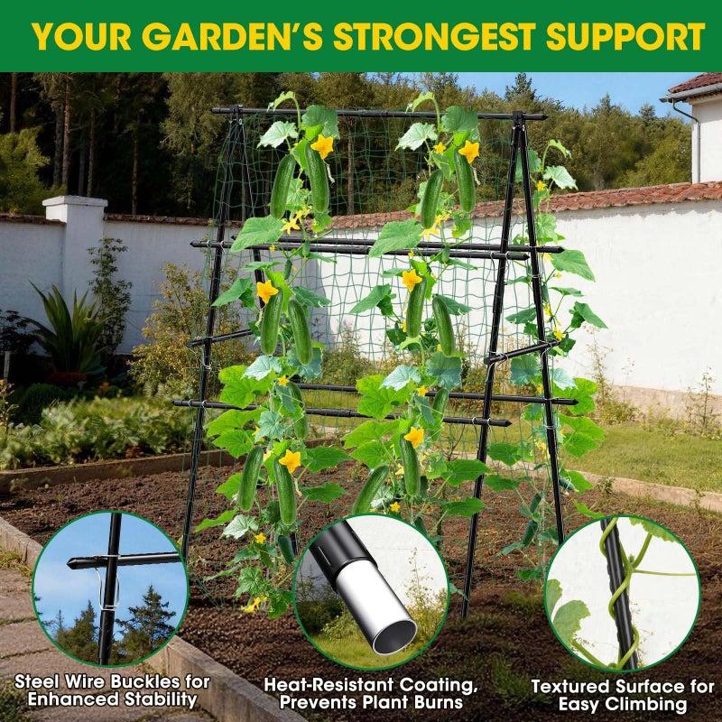 MQHUAYU Cucumber Trellis, 31''X47'' A-Frame Cucumber Trellis for Raised Bed with Climbing Net, Metal Garden Trellis for Climbing Plants for Cucumber,Tomato, Grapes and Flowers - Image 3