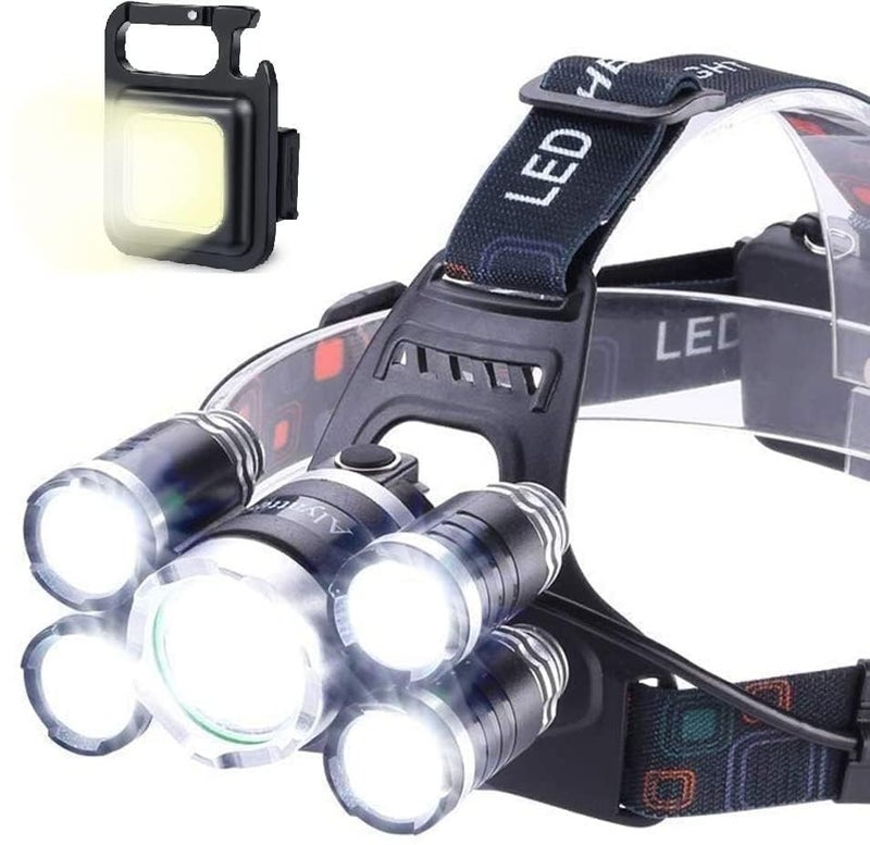 FEBLICH LED Headlamp Rechargeable Flashlight, USB Rechargeable Head Torch Headlight with Battery for Outdoor Camping Running Hiking Fishing Cycling Repairing (5 LED Headlamp + Keychain Light) - Image 1