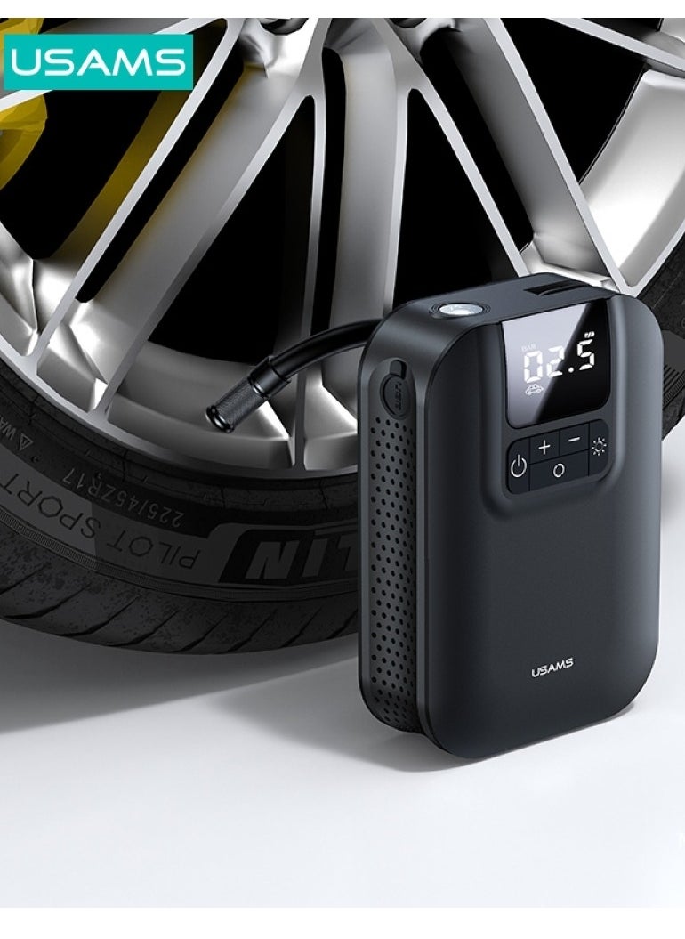 Usams - 5000mAh Mini Car Air Pump with LED Digital Display High-Capacity Portable Tire Inflator with Clear Function Settings - Image 1