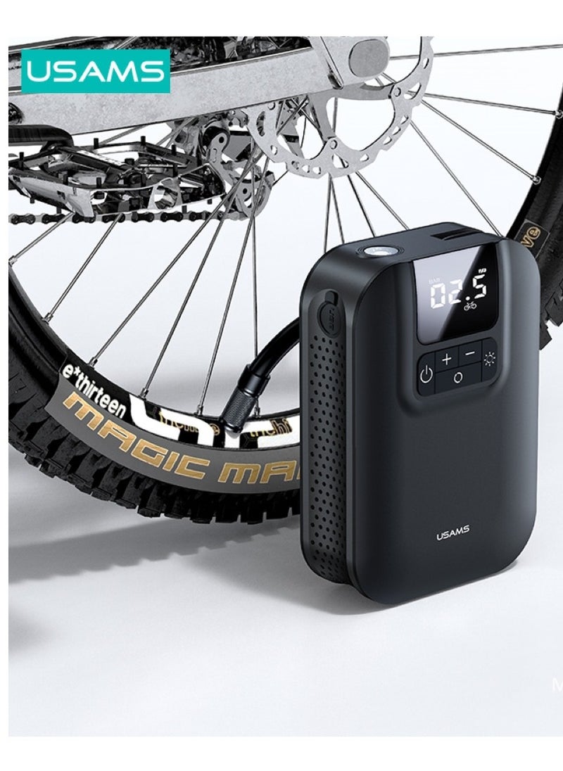 Usams - 5000mAh Mini Car Air Pump with LED Digital Display High-Capacity Portable Tire Inflator with Clear Function Settings - Image 1