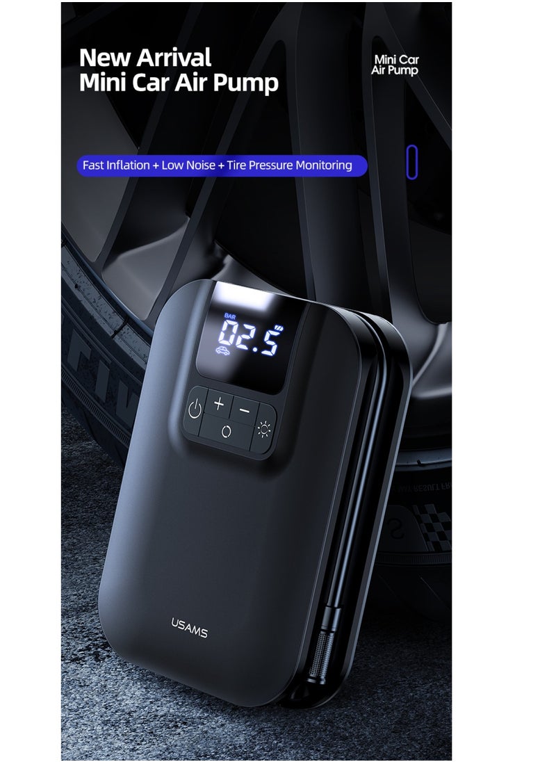 Usams - 5000mAh Mini Car Air Pump with LED Digital Display High-Capacity Portable Tire Inflator with Clear Function Settings - Image 1