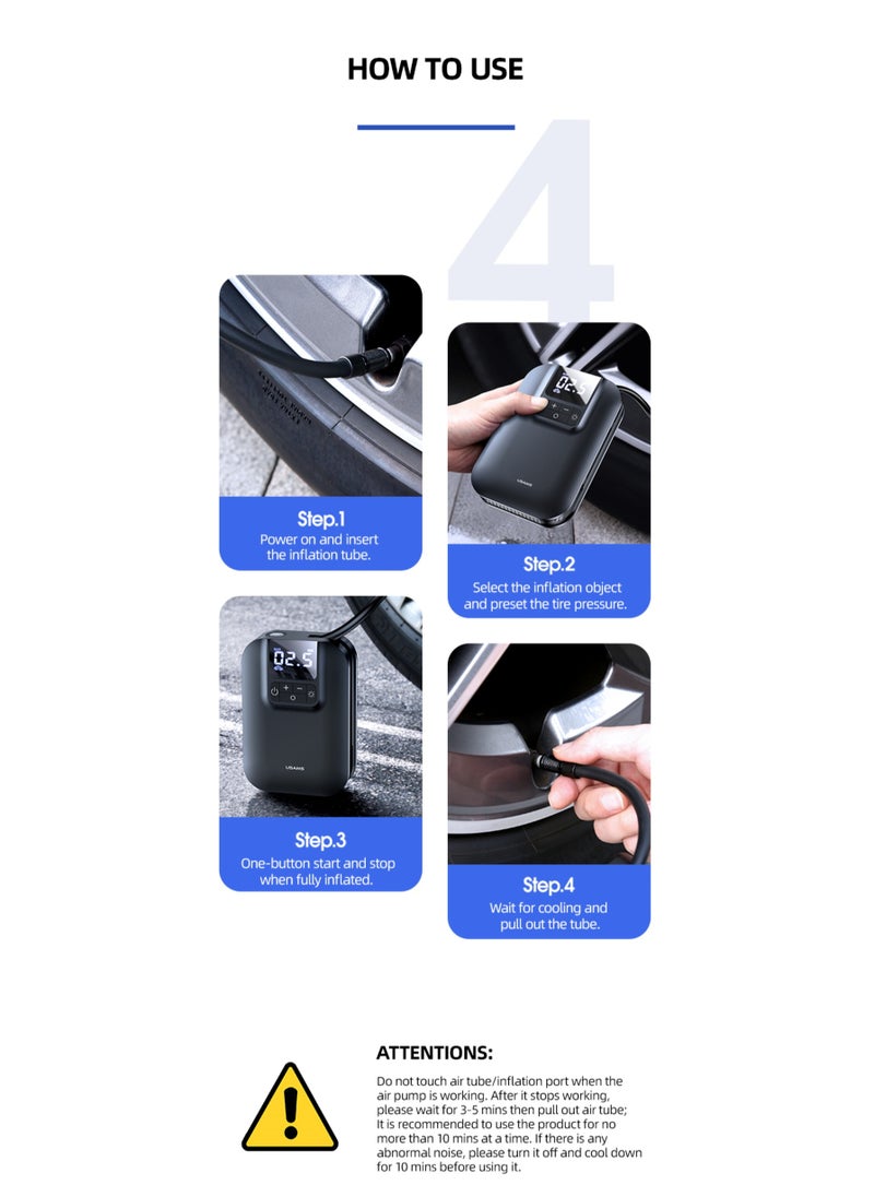 Usams - 5000mAh Mini Car Air Pump with LED Digital Display High-Capacity Portable Tire Inflator with Clear Function Settings - Image 1