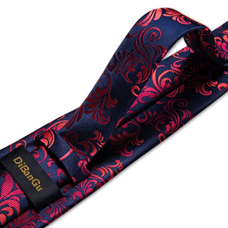 DiBanGu Silk Flower Blue Necktie Mens Navy Blue and Red Paisley Tie Pocket Square Cufflinks Set Party Prom - Image 5