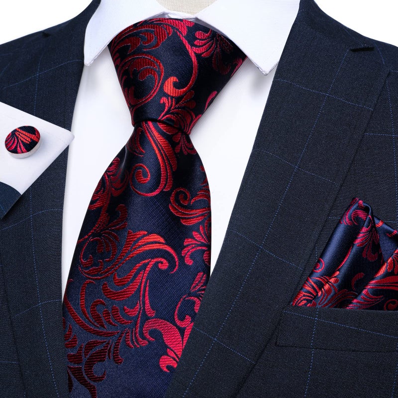 DiBanGu Silk Flower Blue Necktie Mens Navy Blue and Red Paisley Tie Pocket Square Cufflinks Set Party Prom - Image 4