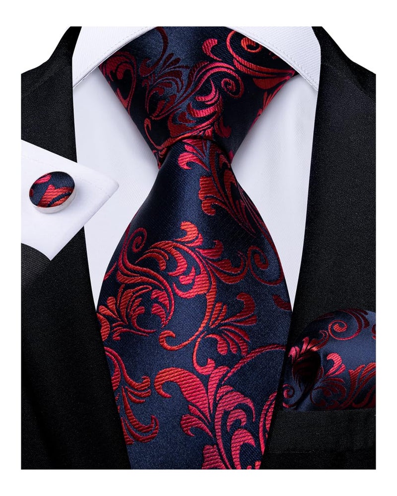 DiBanGu Silk Flower Blue Necktie Mens Navy Blue and Red Paisley Tie Pocket Square Cufflinks Set Party Prom - Image 1