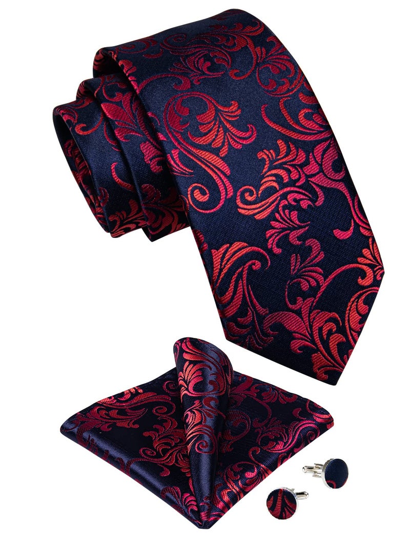 DiBanGu Silk Flower Blue Necktie Mens Navy Blue and Red Paisley Tie Pocket Square Cufflinks Set Party Prom - Image 2