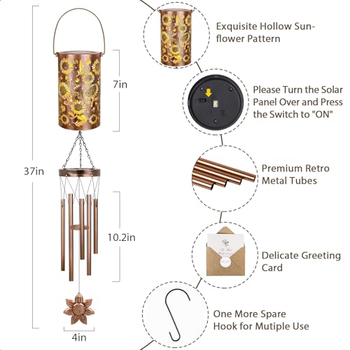 YHmall Solar Wind Chimes for Outside, 35'' Memorial Wind Chimes Sunflower Teacher Appreciation Gifts for Women Mom Grandma, Solar Lantern Windchimes Outdoors Unique Gifts for Garden Decor - Image 3