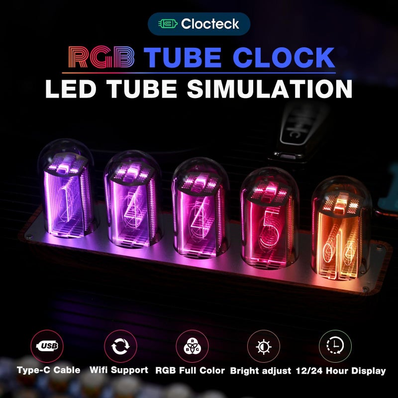 ClocTeck Nixie Tube Clock with Wi-Fi SYNC, Alarm & Timer, 12/24H Display, No Assembly Required - A Retro Gift for Friends (Wood Grain) - Image 3