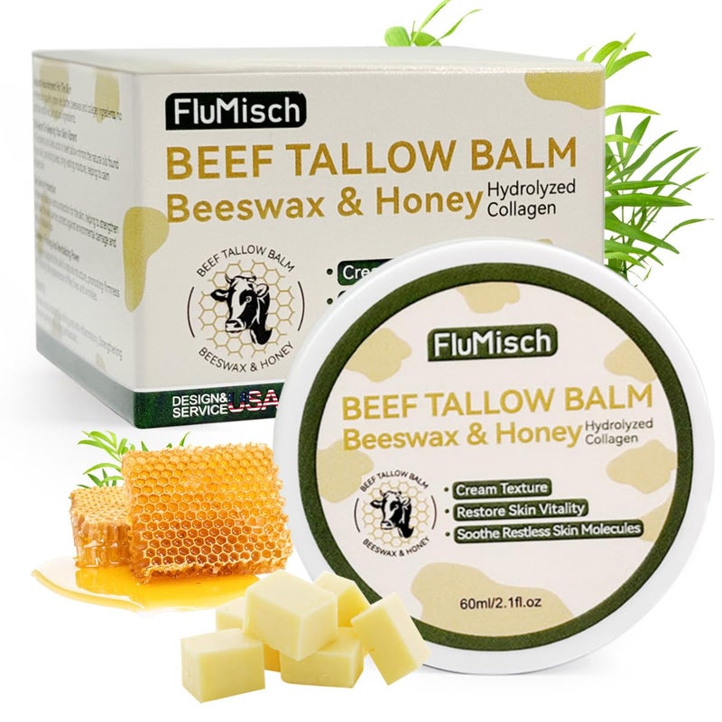 FluMisch Beef Tallow Moisturizer for Skin Grass Fed Beef Tallow for Face and Bady with Organic Raw Honey and Beeswax Tallow and Honey Balm for Deep Nourishment Dry Skin 60ml21floz