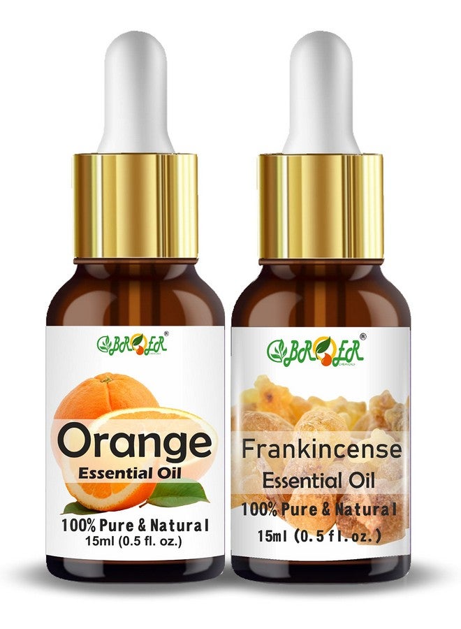 BROER Orange Oil and Frankincense Oil Combo Pack (15ml + 15ml) - For Skin, Hair, Face, Acne Care & Aroma Therapy - 100% Pure, Natural & Undiluted Refreshing Essential Oil - pack of 2 - Image 1