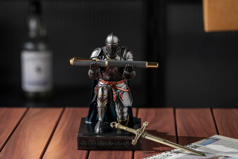 Amoysanli Medieval Armored Warrior Wearing Outerwear, Mobile Phone Stand Knight Pen Holder Desk Organizers, Resin Bookends Paperweight with a Letter Opener for Desk (Iron&Green) - Image 5