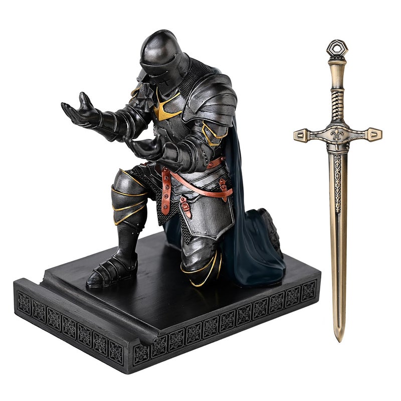 Amoysanli Medieval Armored Warrior Wearing Outerwear, Mobile Phone Stand Knight Pen Holder Desk Organizers, Resin Bookends Paperweight with a Letter Opener for Desk (Iron&Green) - Image 2