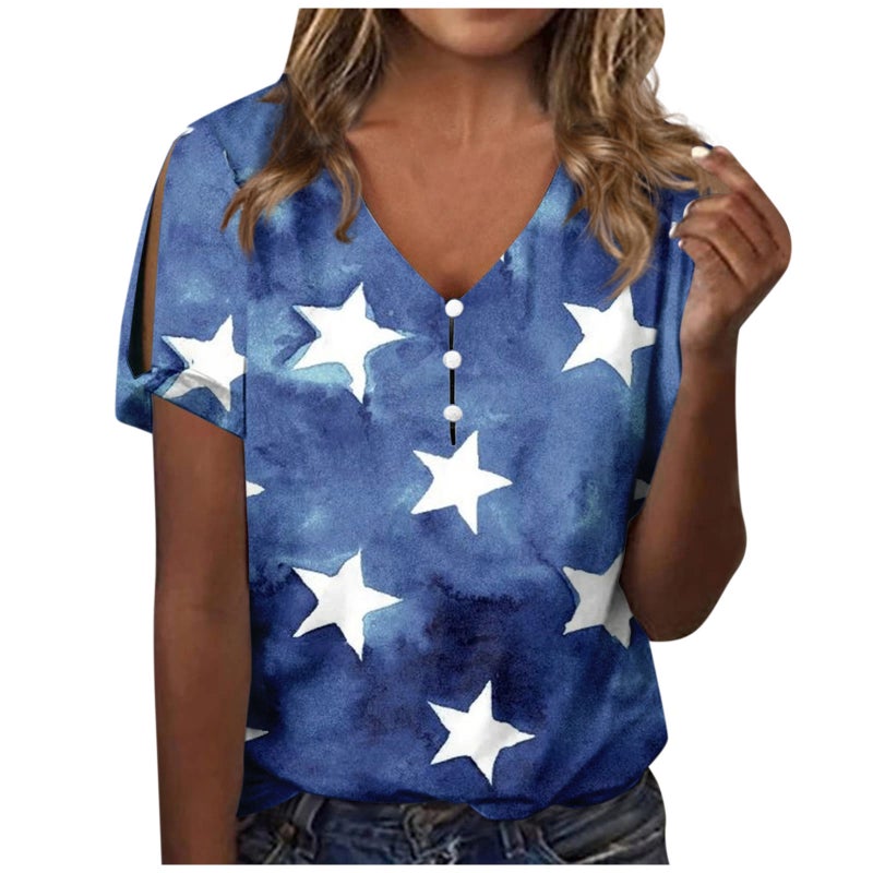 Wish Independent Station V-Neck Button Cross Sleeve 3D Digital Printed T-Shirt Short Sleeve - Image 1
